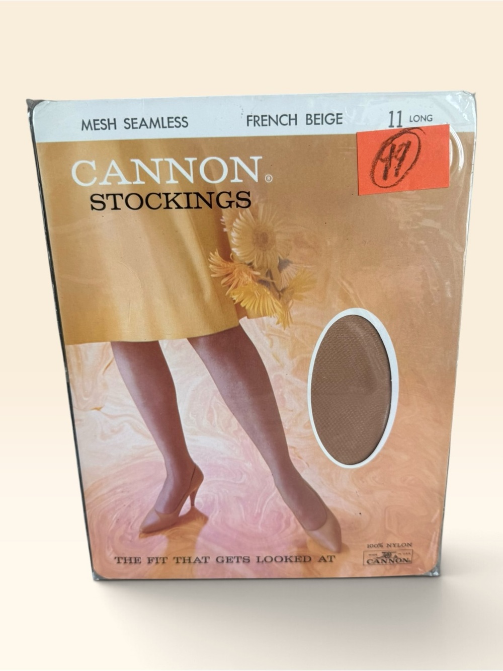 Vintage Cannon Seamless Mesh Stockings 100% Nylon French Beige Size 11 Long